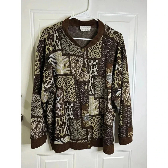 KATHLEEN USHERWOOD Nieman Marcus Vintage Animal Mix Print Patchwork Cardigan 1X - Picture 1 of 5